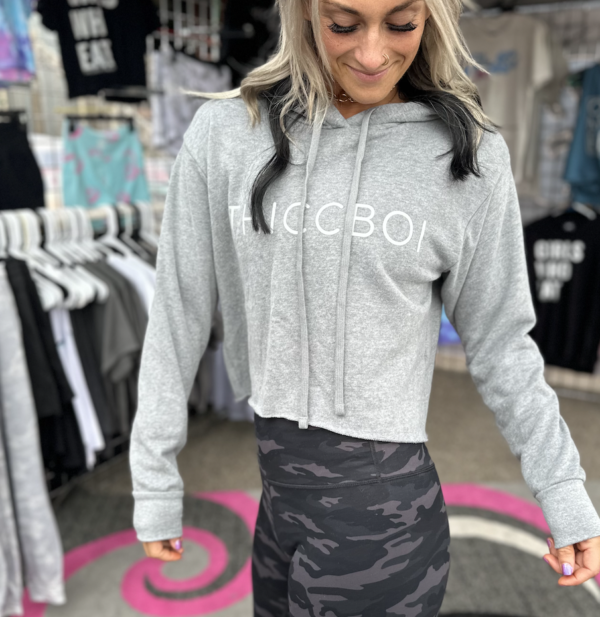 ThiccBoi Sleek Crop Hoodie Heather Grey Sweatshirt - Image 3